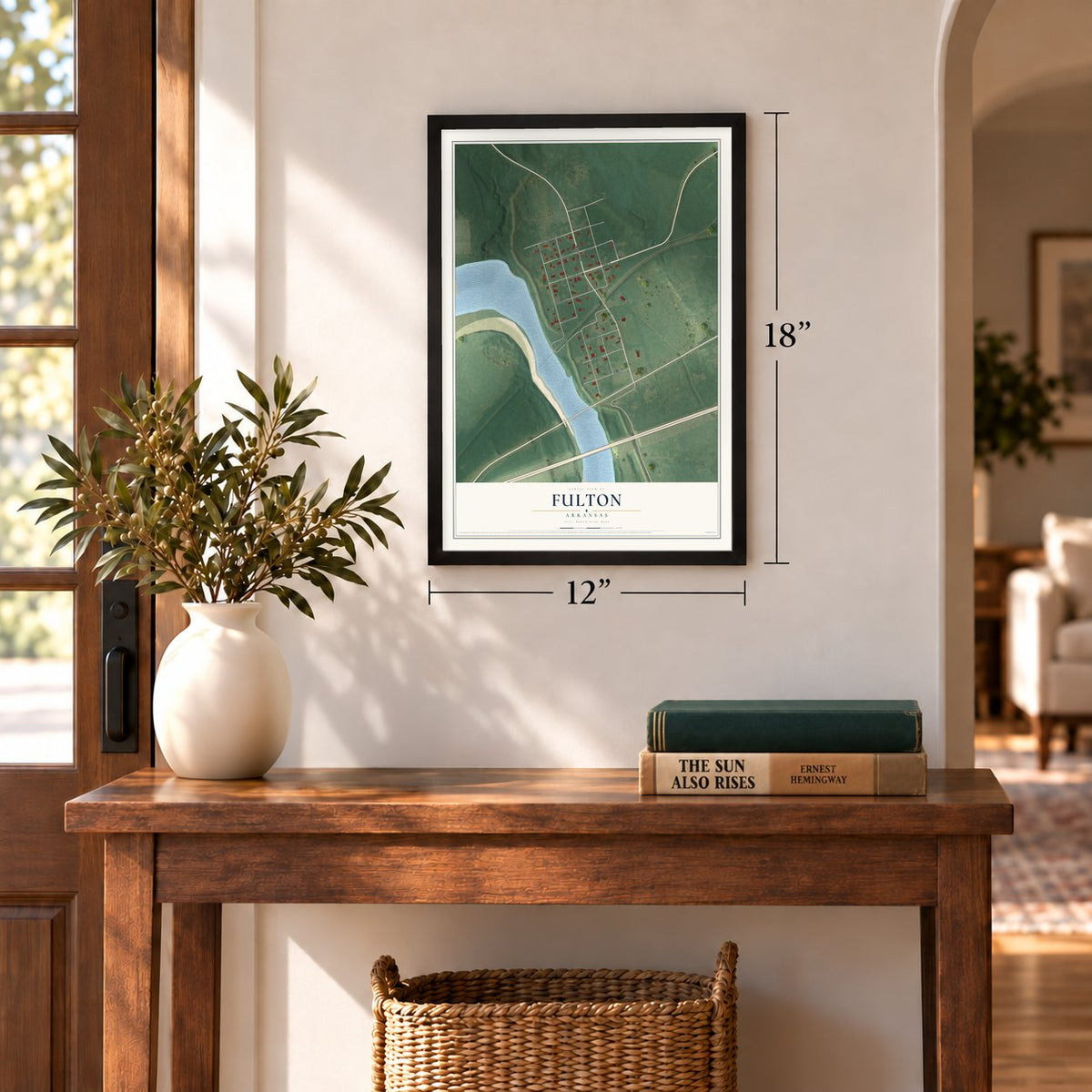 Fulton, Arkansas map, 12 x 18 inch print in a black frame in an entryway