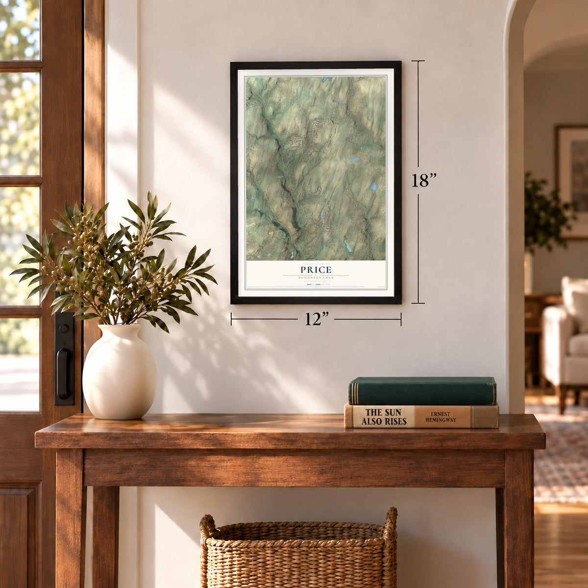 Price, Pennsylvania map, 12 x 18 inch print in a black frame in an entryway
