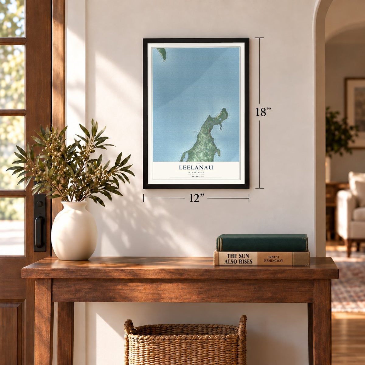 Leelanau, Michigan map, 12 x 18 inch print in a black frame in an entryway