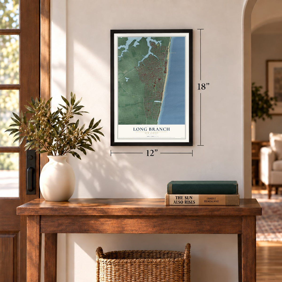 Long Branch, New Jersey map, 12 x 18 inch print in a black frame in an entryway