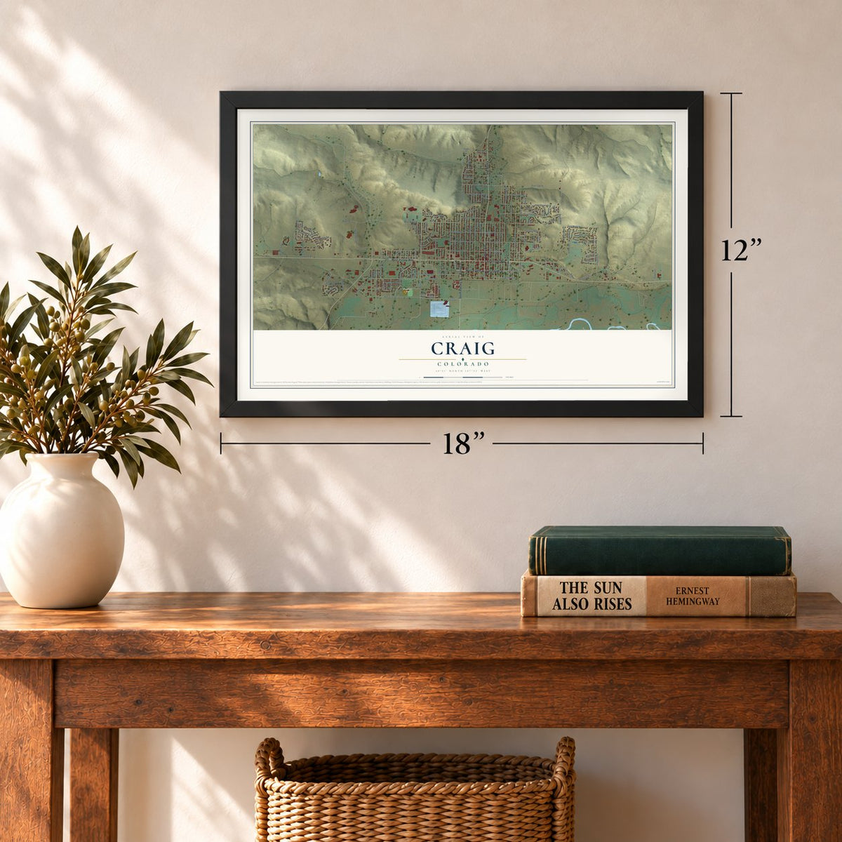 Craig, Colorado map, 12 x 18 inch print in a black frame in an entryway
