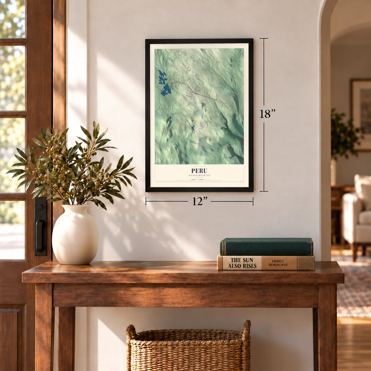 Peru, Massachusetts map, 12 x 18 inch print in a black frame in an entryway