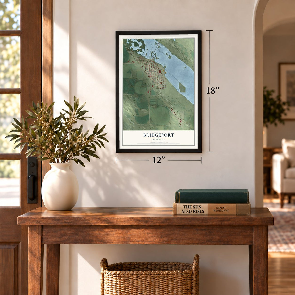 Bridgeport, Nebraska map, 12 x 18 inch print in a black frame in an entryway
