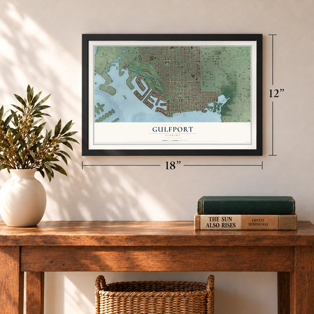 Gulfport, Florida map, 12 x 18 inch print in a black frame in an entryway