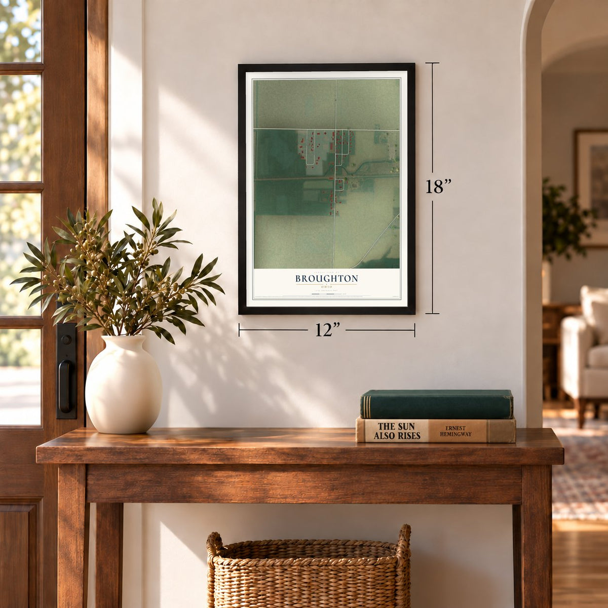 Broughton, Ohio map, 12 x 18 inch print in a black frame in an entryway