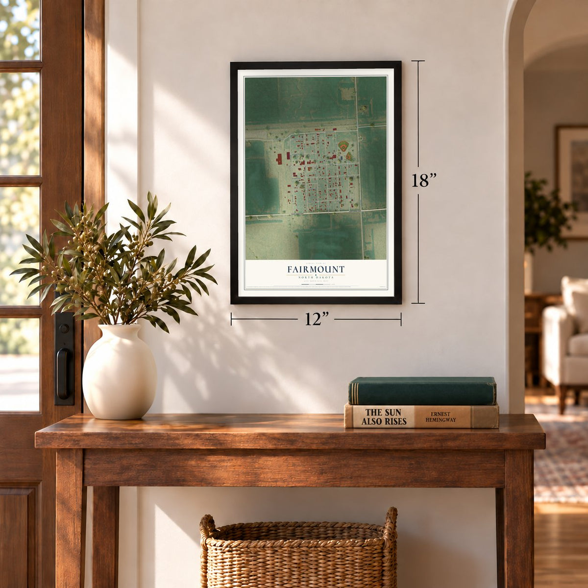 Fairmount, North Dakota map, 12 x 18 inch print in a black frame in an entryway