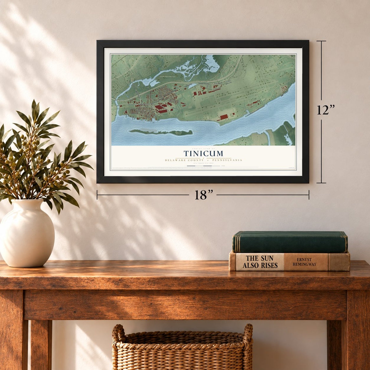 Tinicum, Delaware County, Pennsylvania map, 12 x 18 inch print in a black frame in an entryway