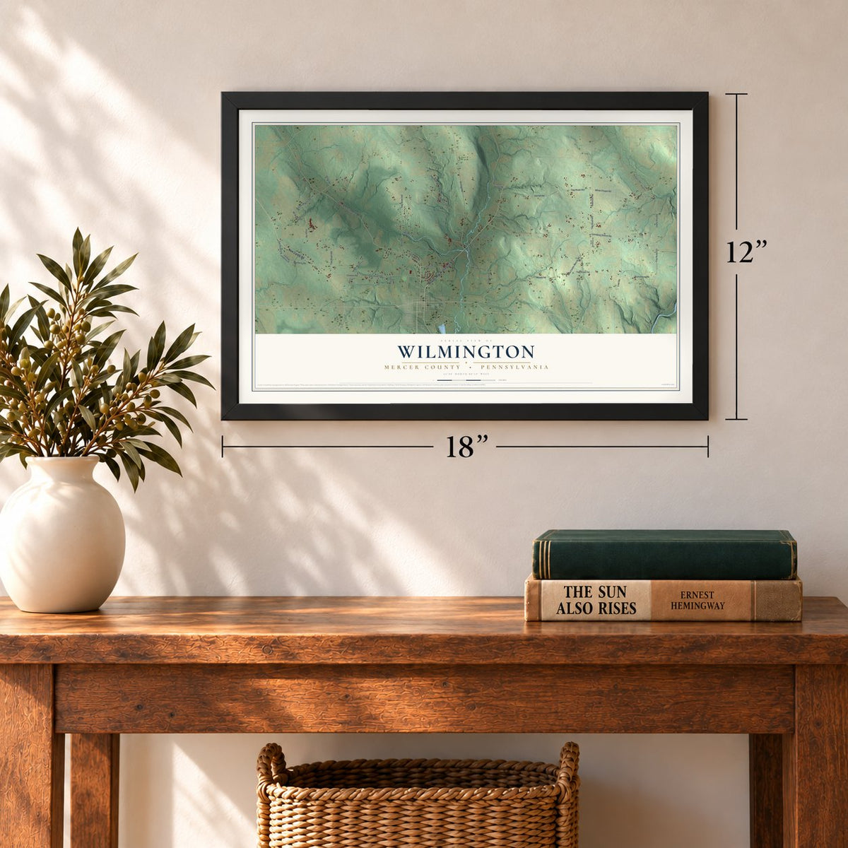 Wilmington, Mercer County, Pennsylvania map, 12 x 18 inch print in a black frame in an entryway