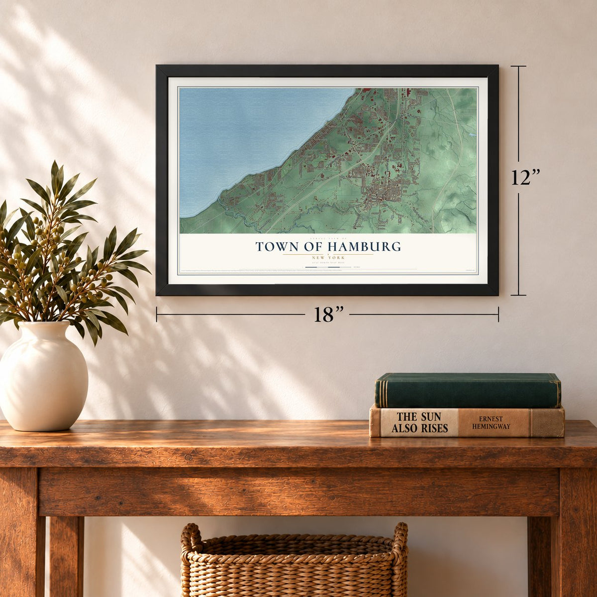 Town of Hamburg, New York map, 12 x 18 inch print in a black frame in an entryway