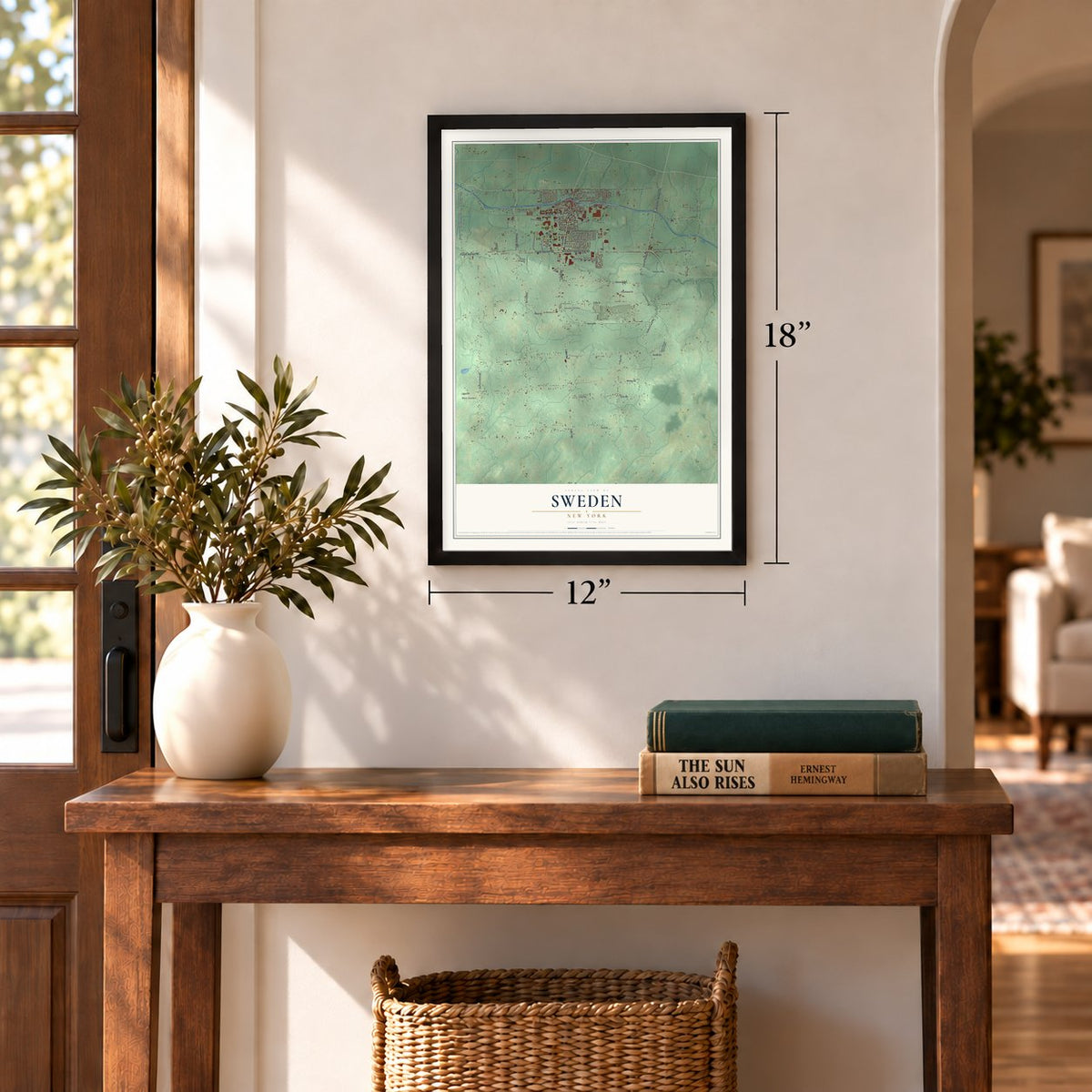 Sweden, New York map, 12 x 18 inch print in a black frame in an entryway
