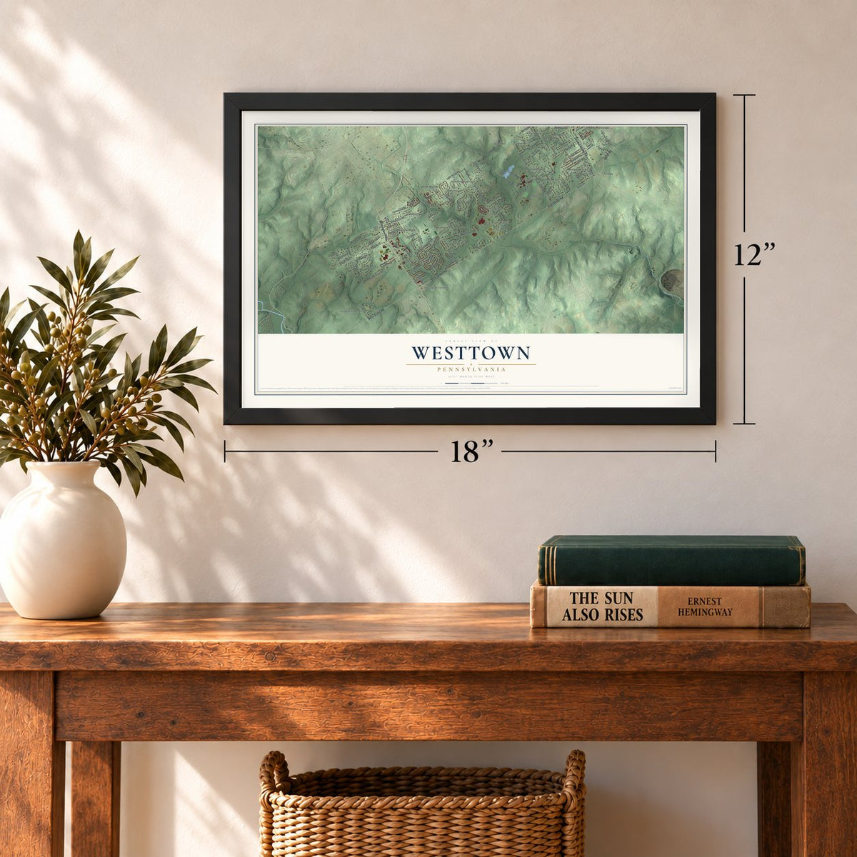 Westtown, Pennsylvania map, 12 x 18 inch print in a black frame in an entryway