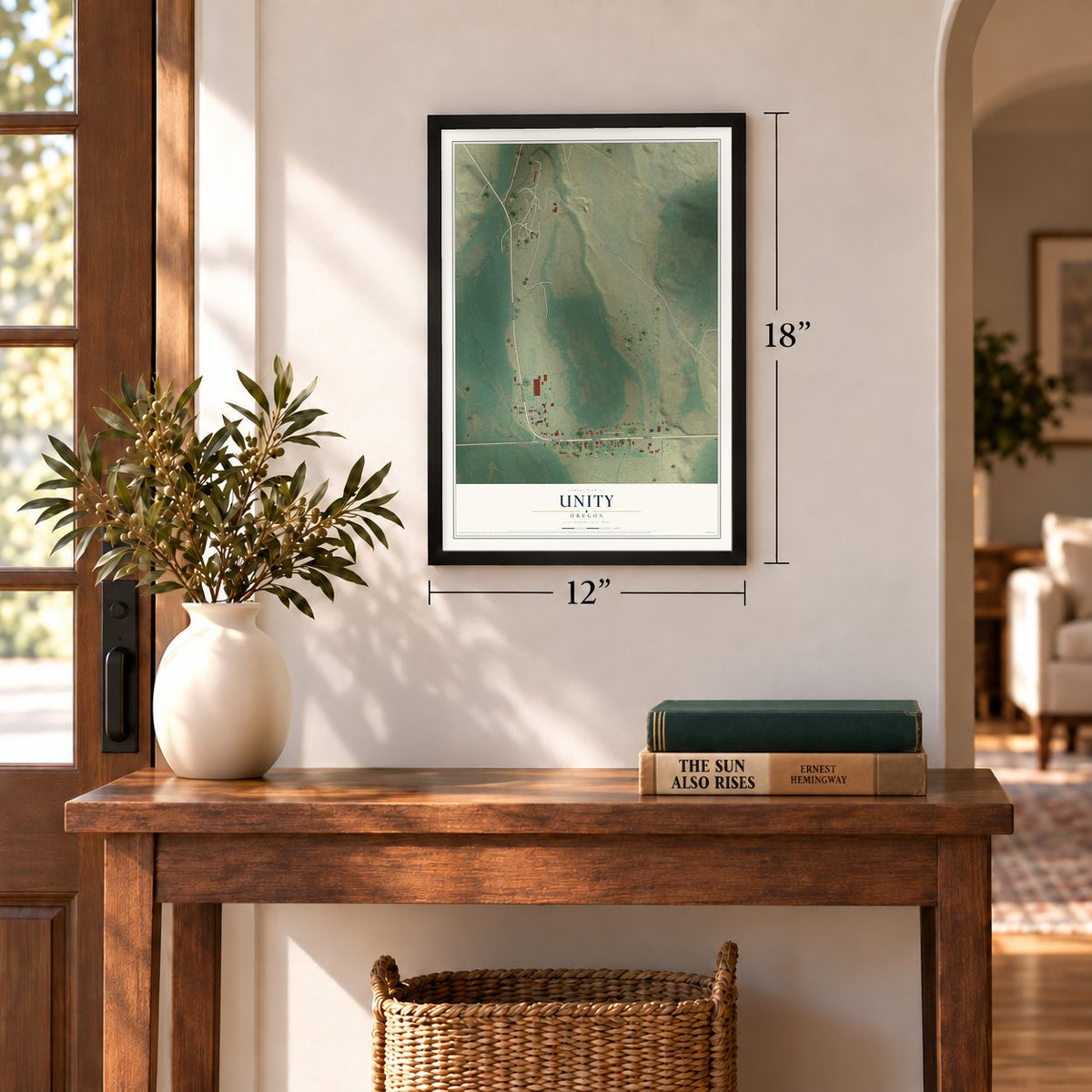 Unity, Oregon map, 12 x 18 inch print in a black frame in an entryway