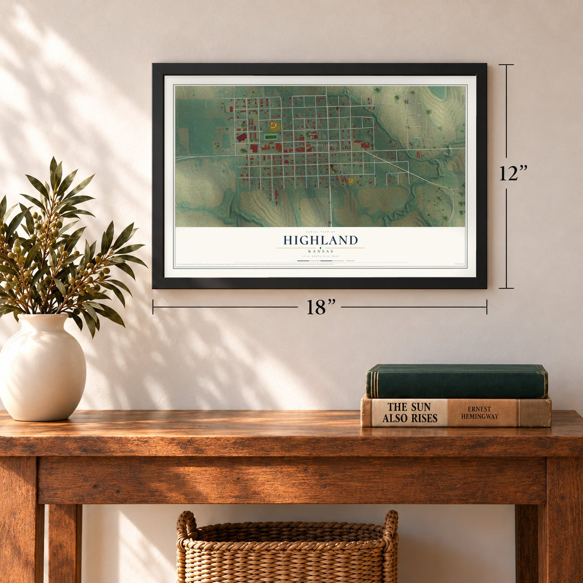 Highland, Kansas map, 12 x 18 inch print in a black frame in an entryway