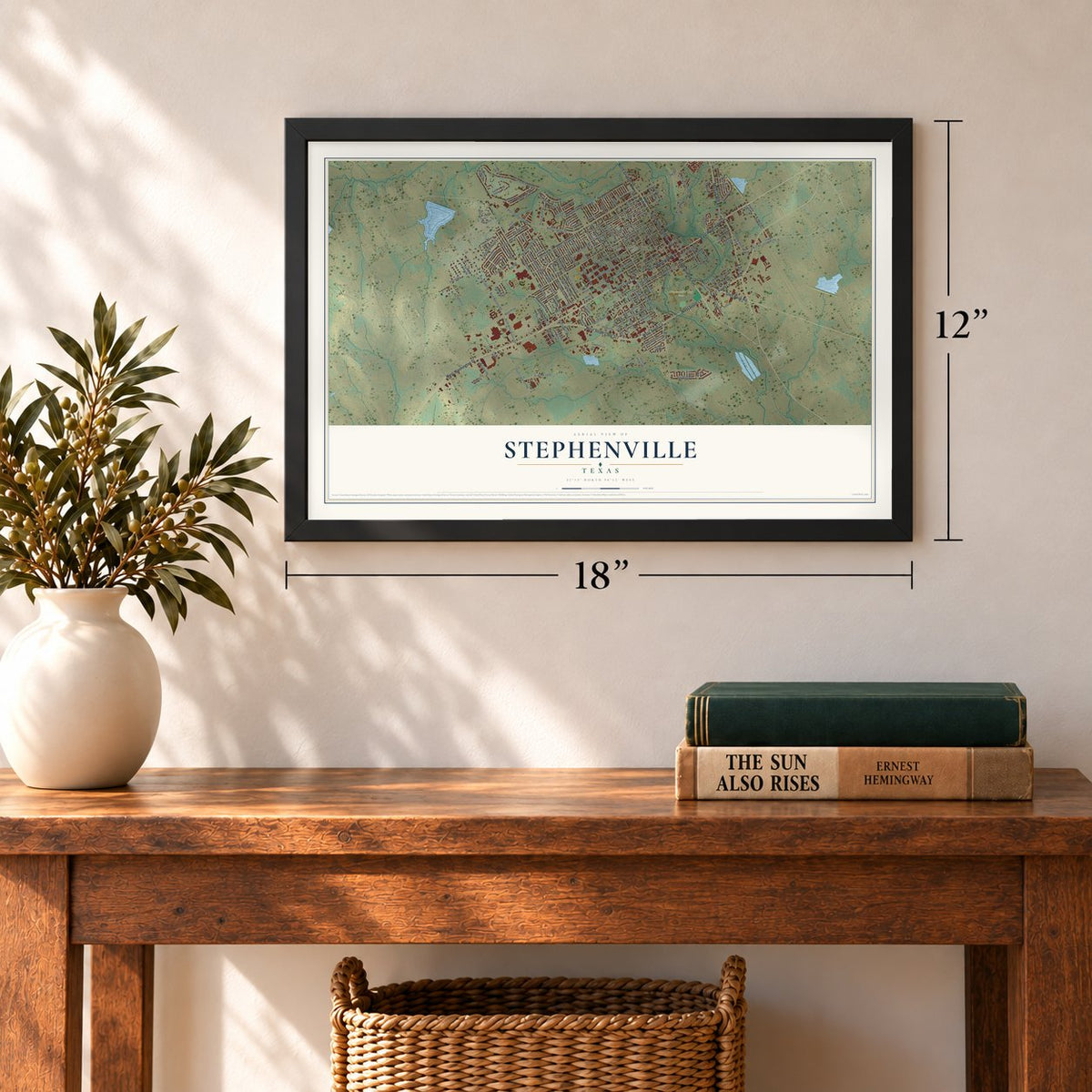 Stephenville, Texas map, 12 x 18 inch print in a black frame in an entryway