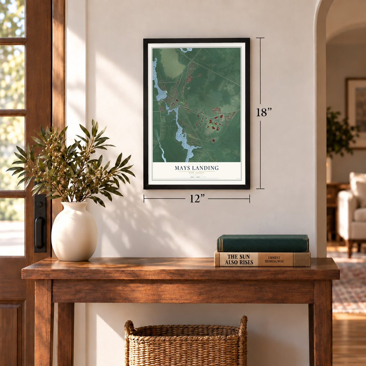Mays Landing, New Jersey map, 12 x 18 inch print in a black frame in an entryway