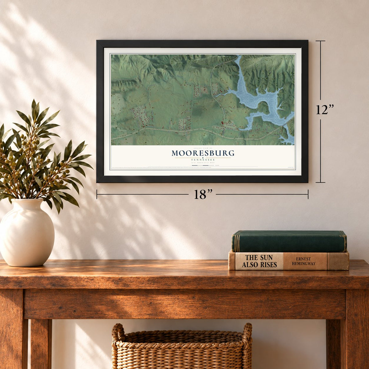 Mooresburg, Tennessee map, 12 x 18 inch print in a black frame in an entryway