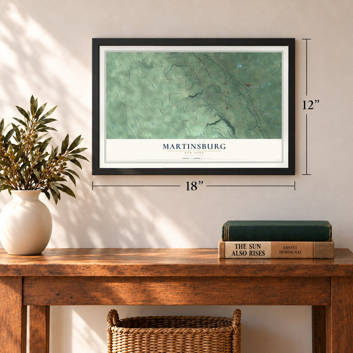 Martinsburg, New York map, 12 x 18 inch print in a black frame in an entryway