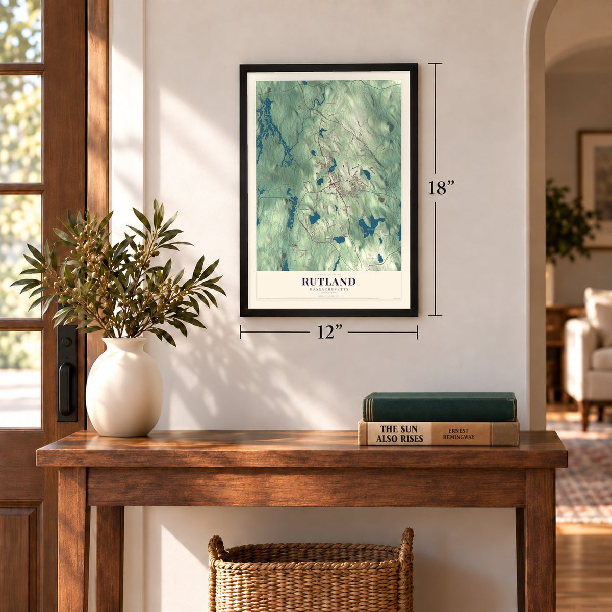 Rutland, Massachusetts map, 12 x 18 inch print in a black frame in an entryway