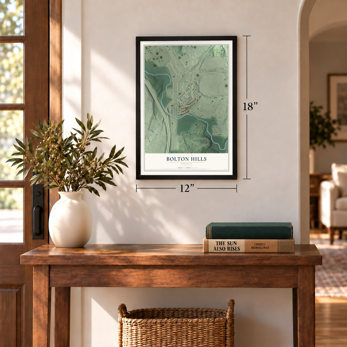 Bolton Hills, Georgia map, 12 x 18 inch print in a black frame in an entryway