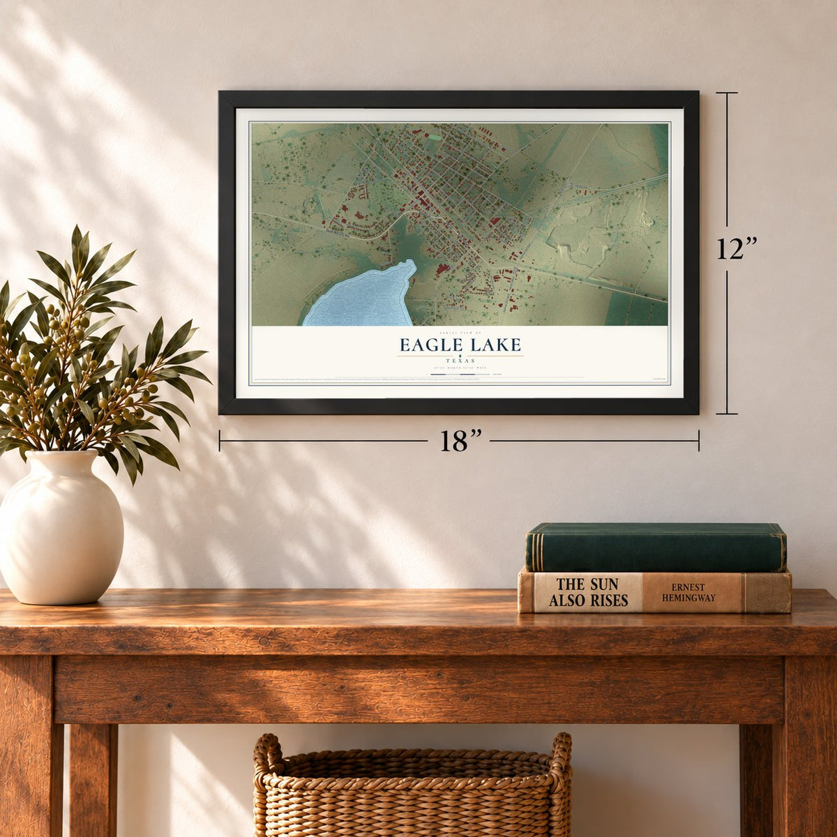 Eagle Lake, Texas map, 12 x 18 inch print in a black frame in an entryway