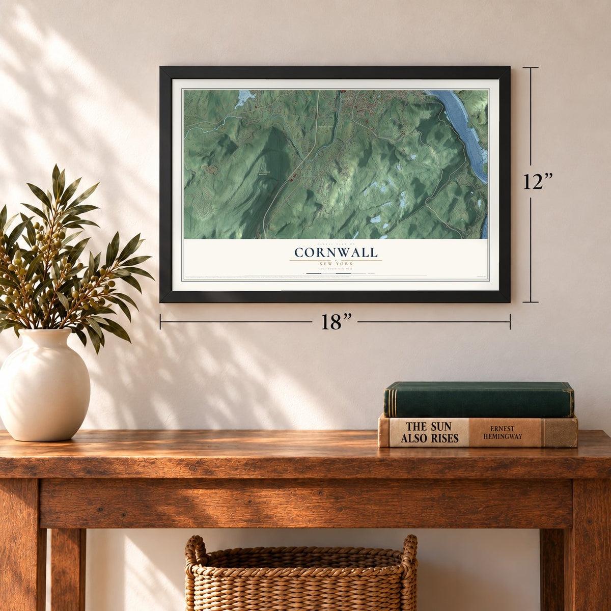 Cornwall, New York map, 12 x 18 inch print in a black frame in an entryway