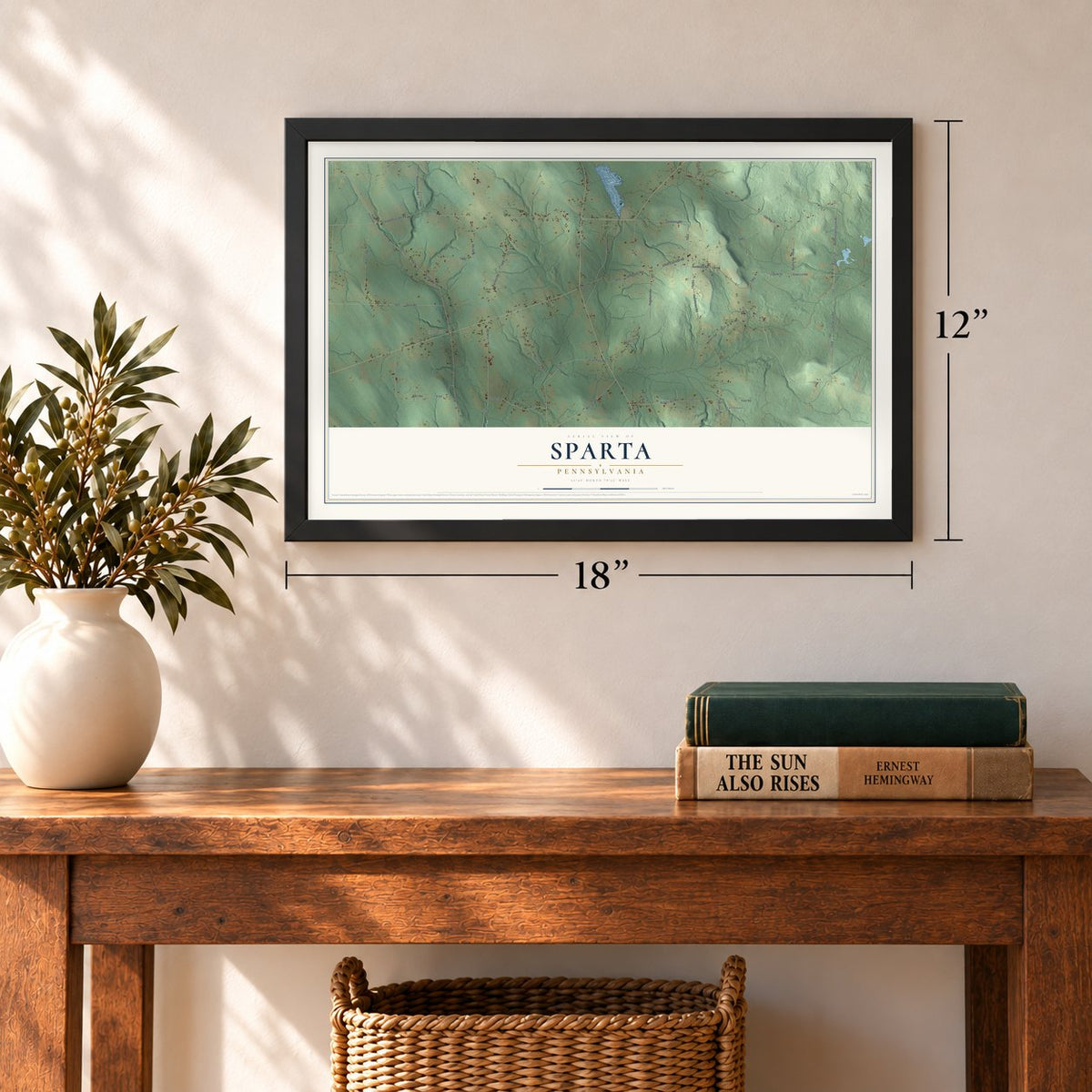 Sparta, Pennsylvania map, 12 x 18 inch print in a black frame in an entryway