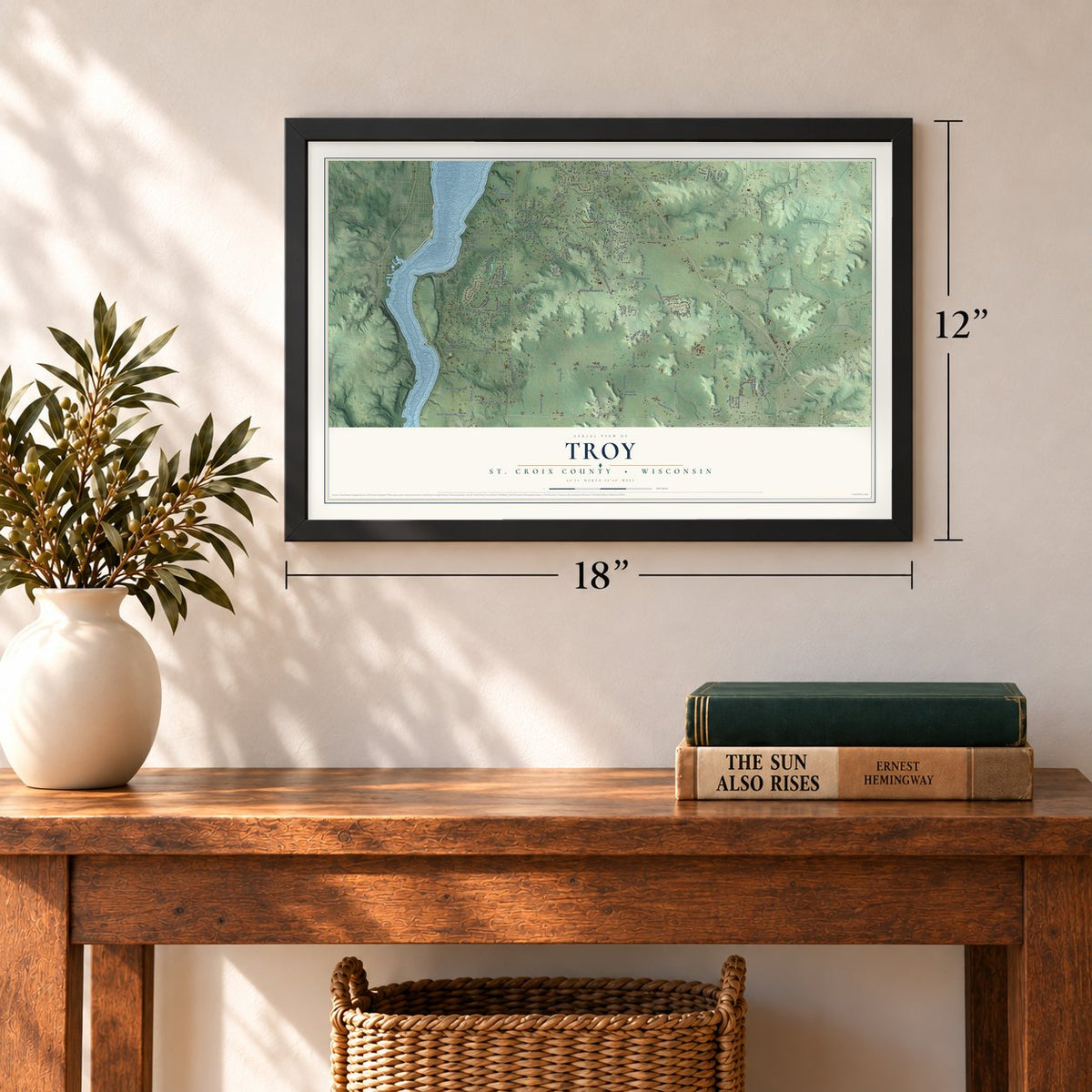 Troy, St. Croix County, Wisconsin map, 12 x 18 inch print in a black frame in an entryway