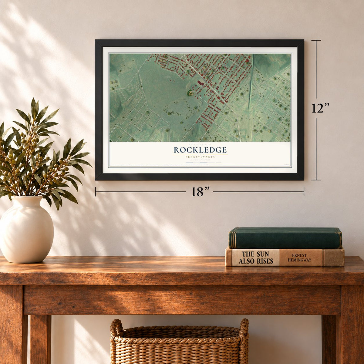 Rockledge, Pennsylvania map, 12 x 18 inch print in a black frame in an entryway