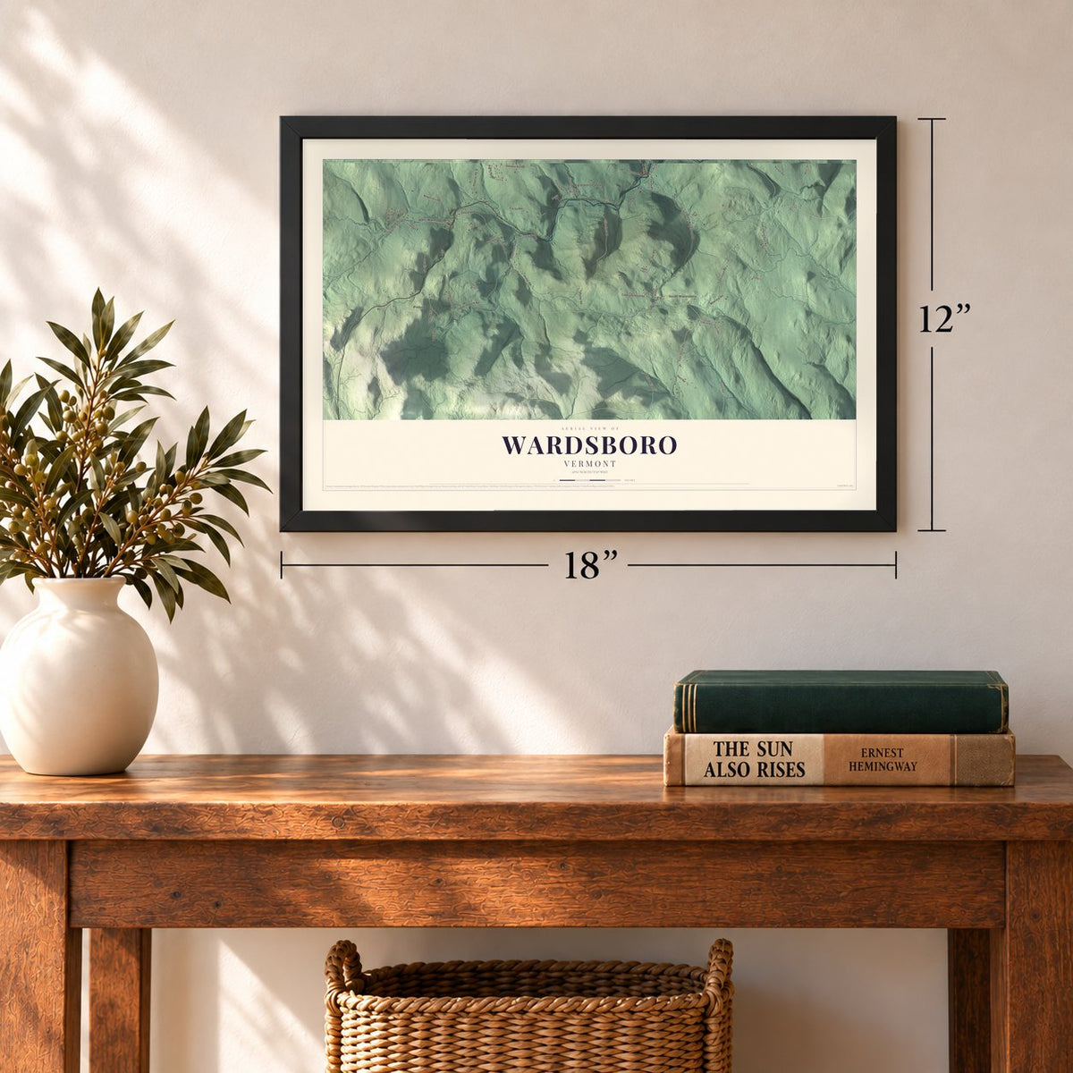 Wardsboro, Vermont map, 12 x 18 inch print in a black frame in an entryway