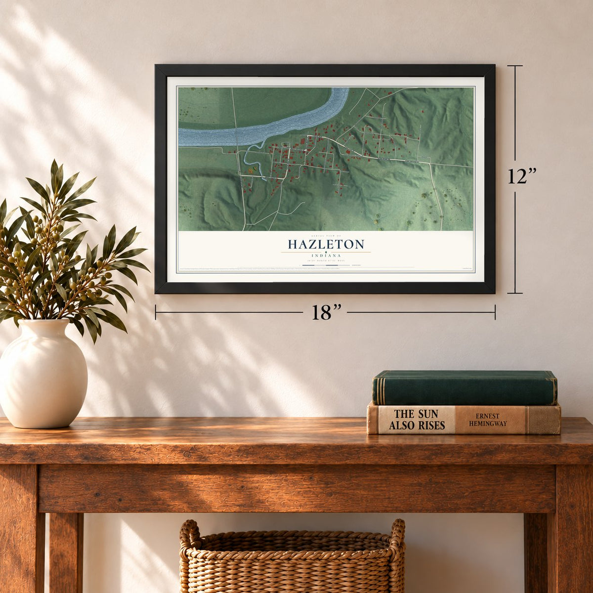 Hazleton, Indiana map, 12 x 18 inch print in a black frame in an entryway