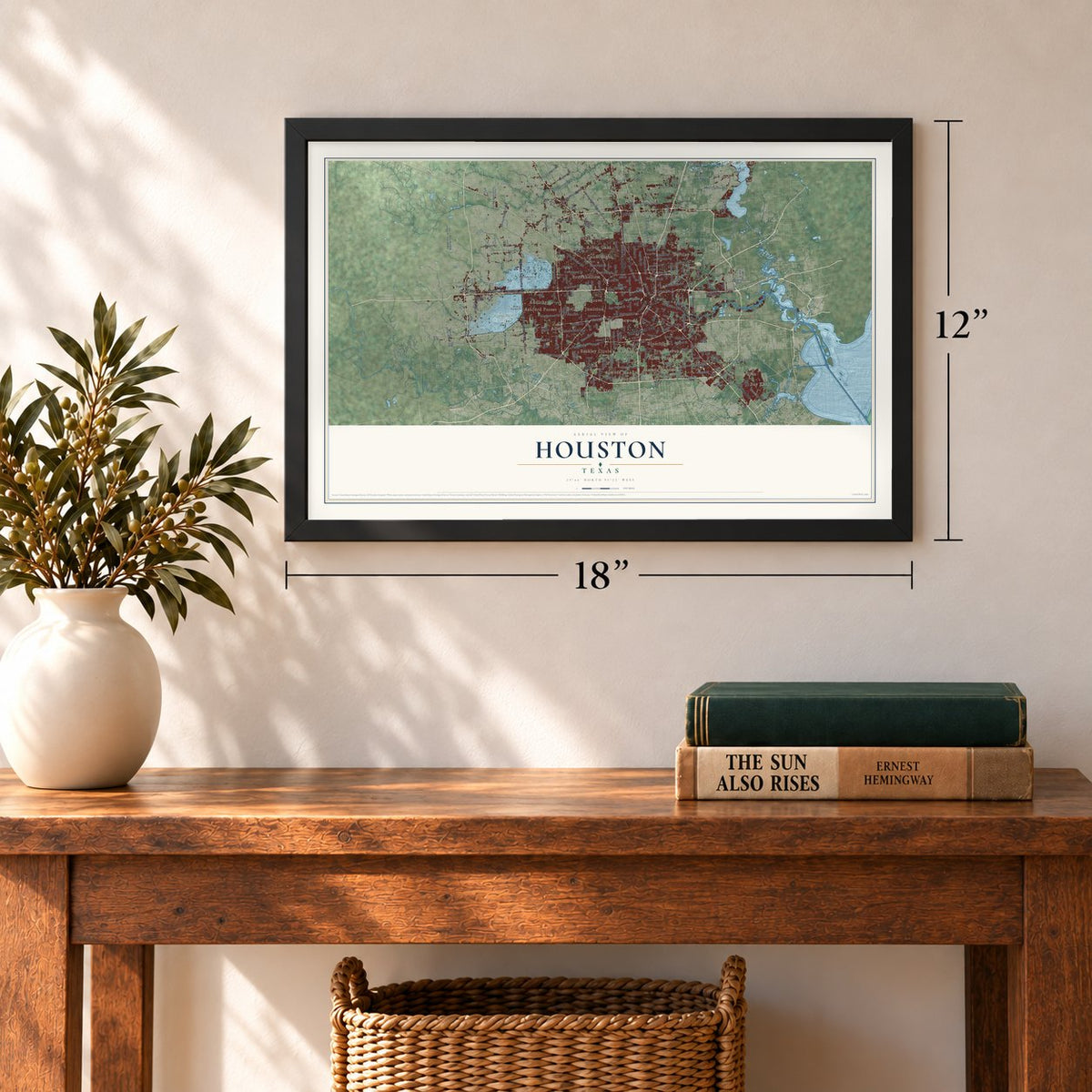 Houston, Texas map, 12 x 18 inch print in a black frame in an entryway