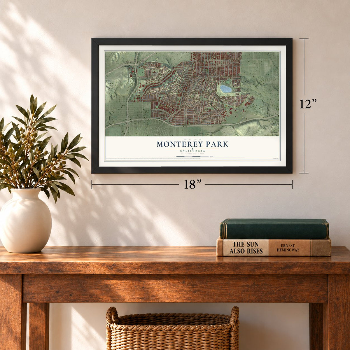 Monterey Park, California map, 12 x 18 inch print in a black frame in an entryway