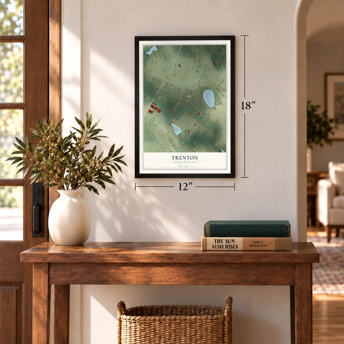 Trenton, South Carolina map, 12 x 18 inch print in a black frame in an entryway