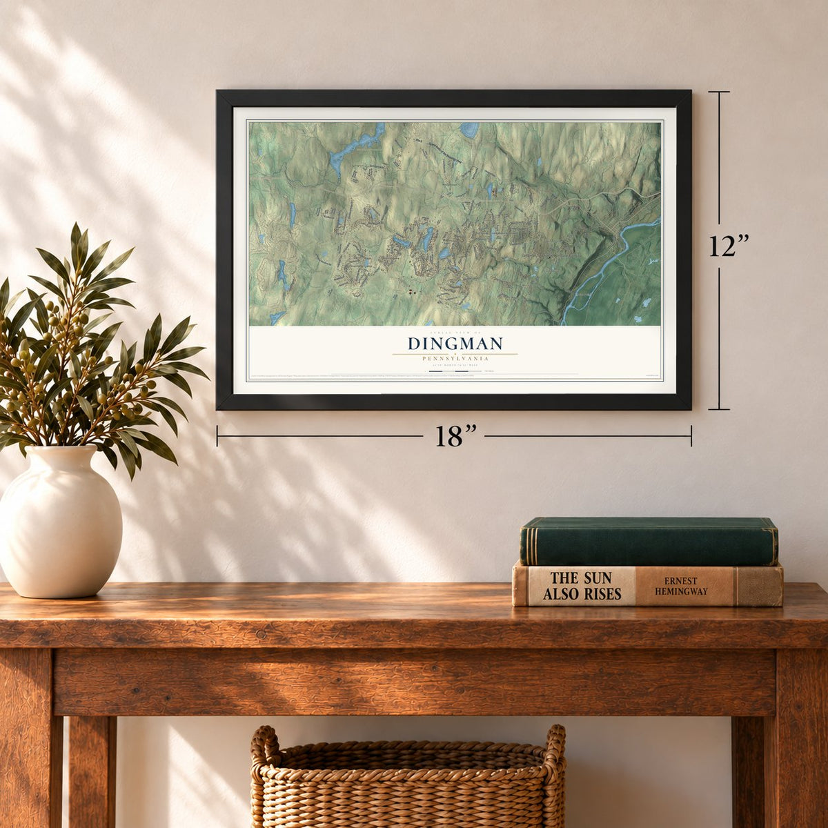 Dingman, Pennsylvania map, 12 x 18 inch print in a black frame in an entryway
