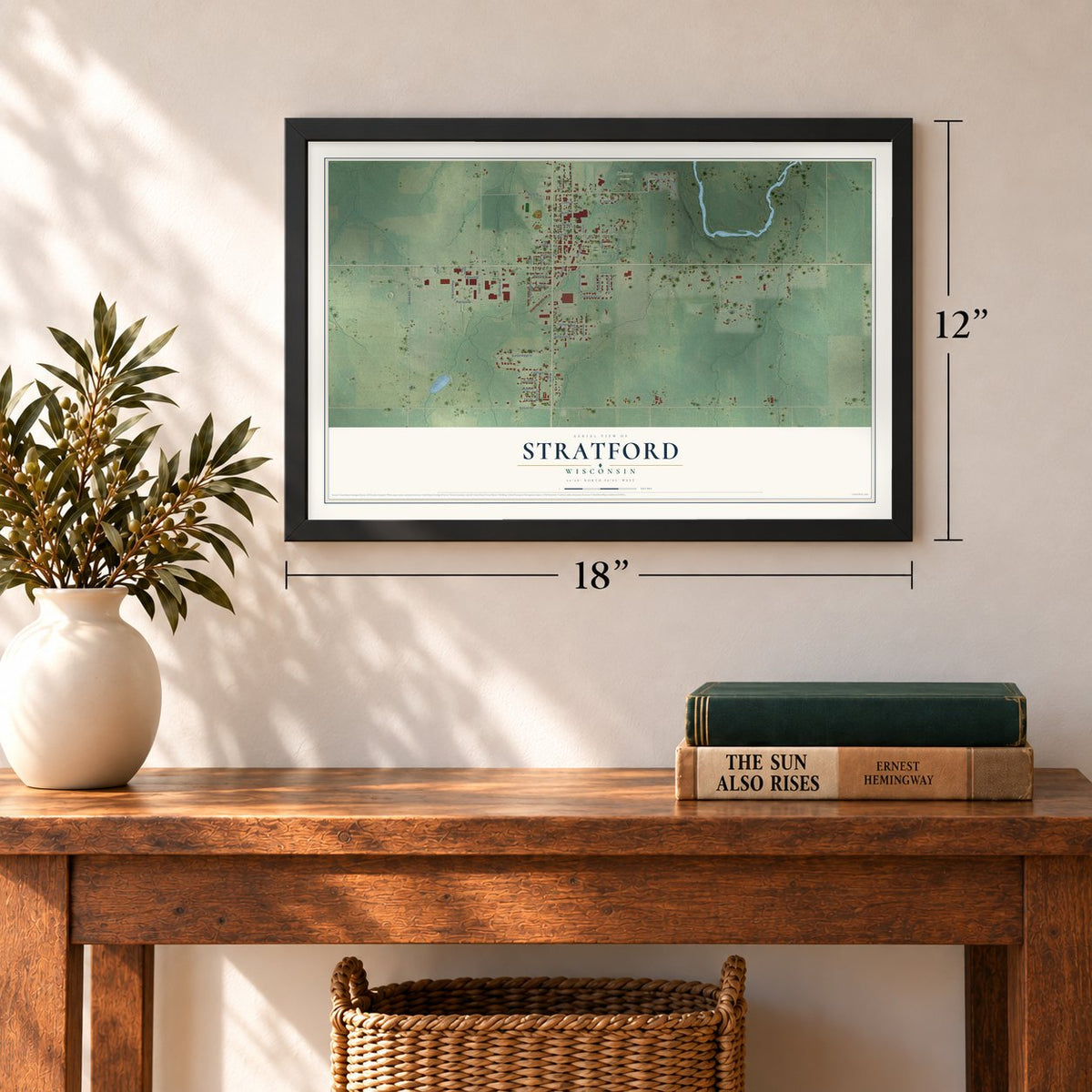 Stratford, Wisconsin map, 12 x 18 inch print in a black frame in an entryway