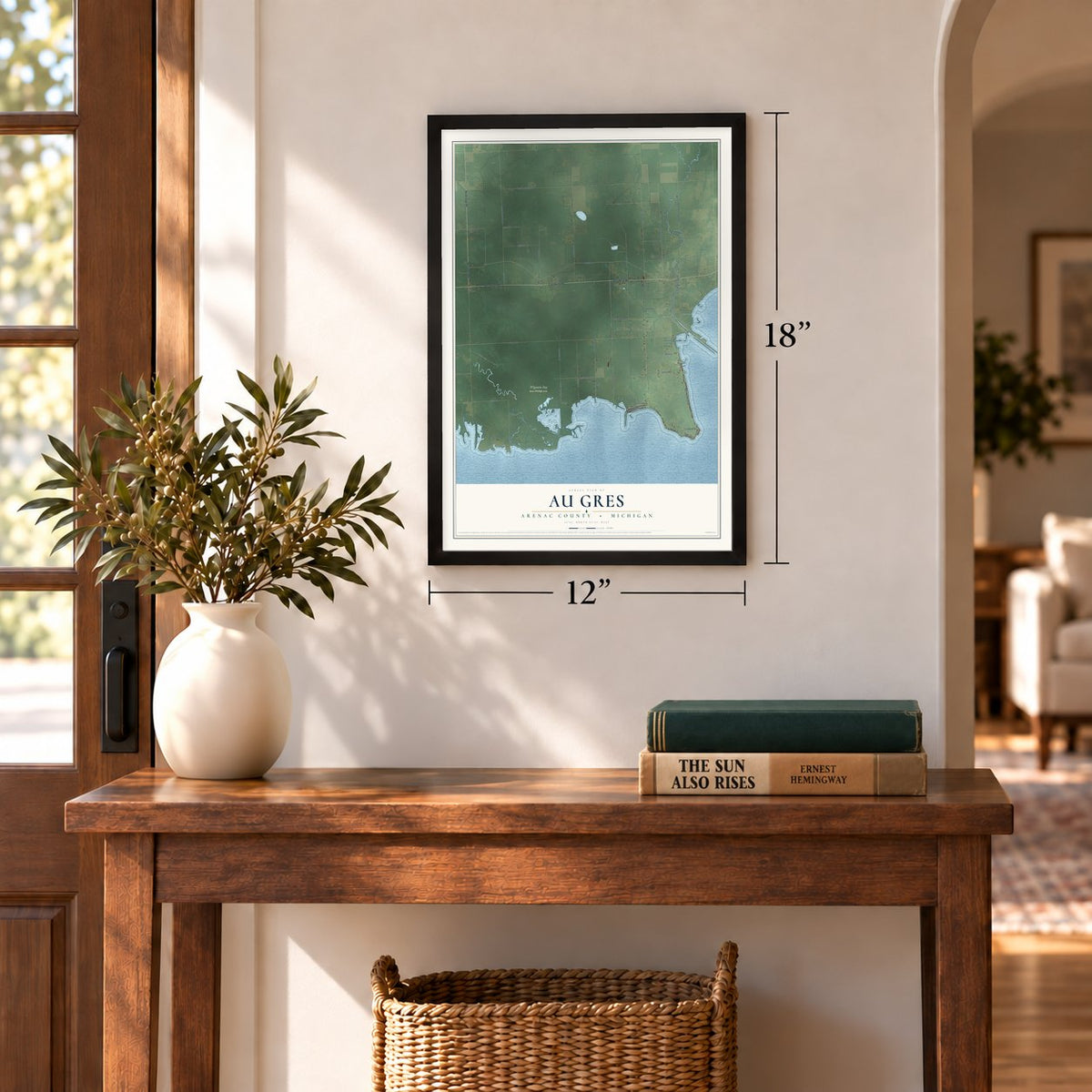 Au Gres, Arenac County, Michigan map, 12 x 18 inch print in a black frame in an entryway