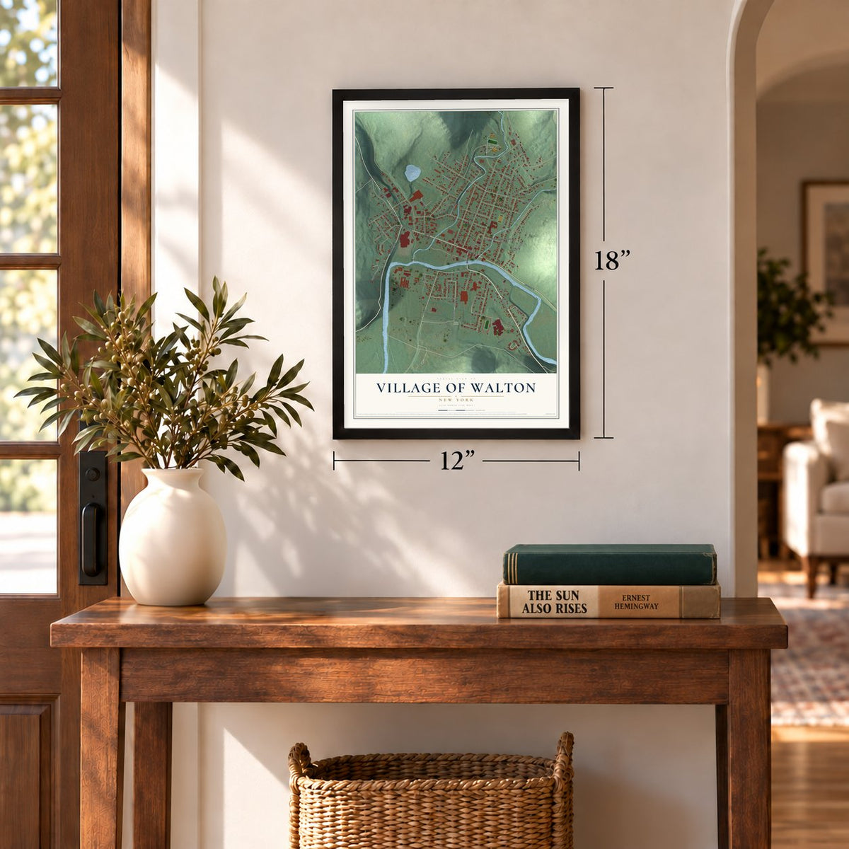 Village of Walton, New York map, 12 x 18 inch print in a black frame in an entryway