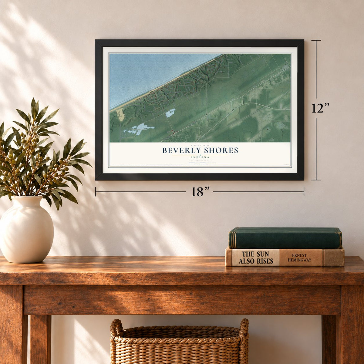 Beverly Shores, Indiana map, 12 x 18 inch print in a black frame in an entryway