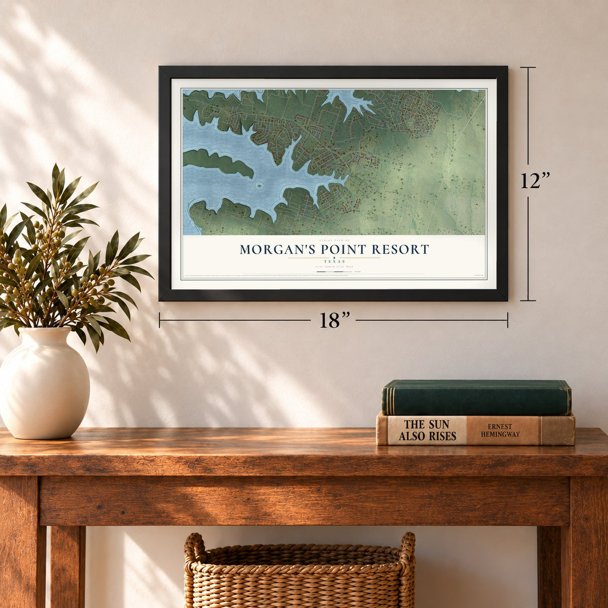 Morgan's Point Resort, Texas map, 12 x 18 inch print in a black frame in an entryway