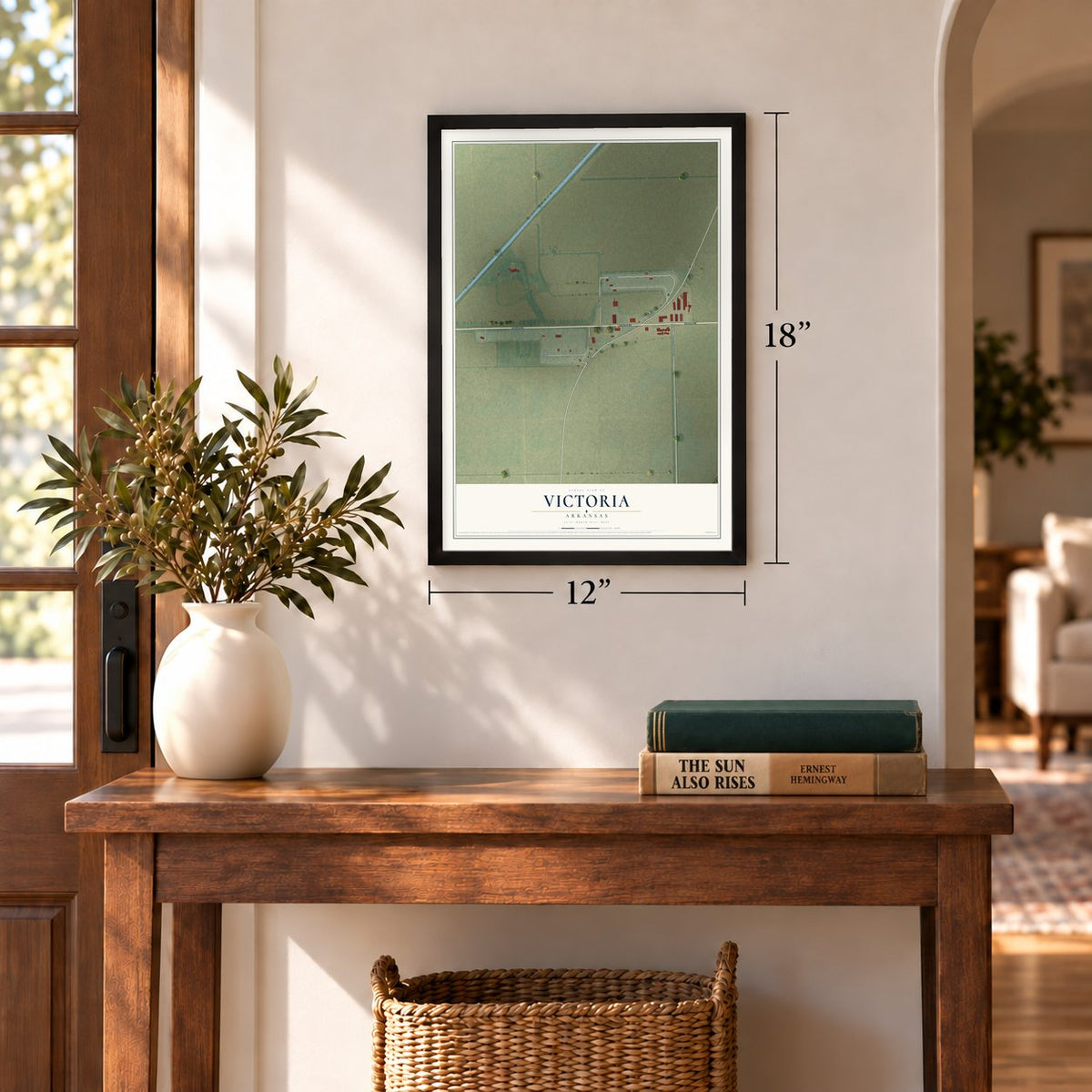 Victoria, Arkansas map, 12 x 18 inch print in a black frame in an entryway