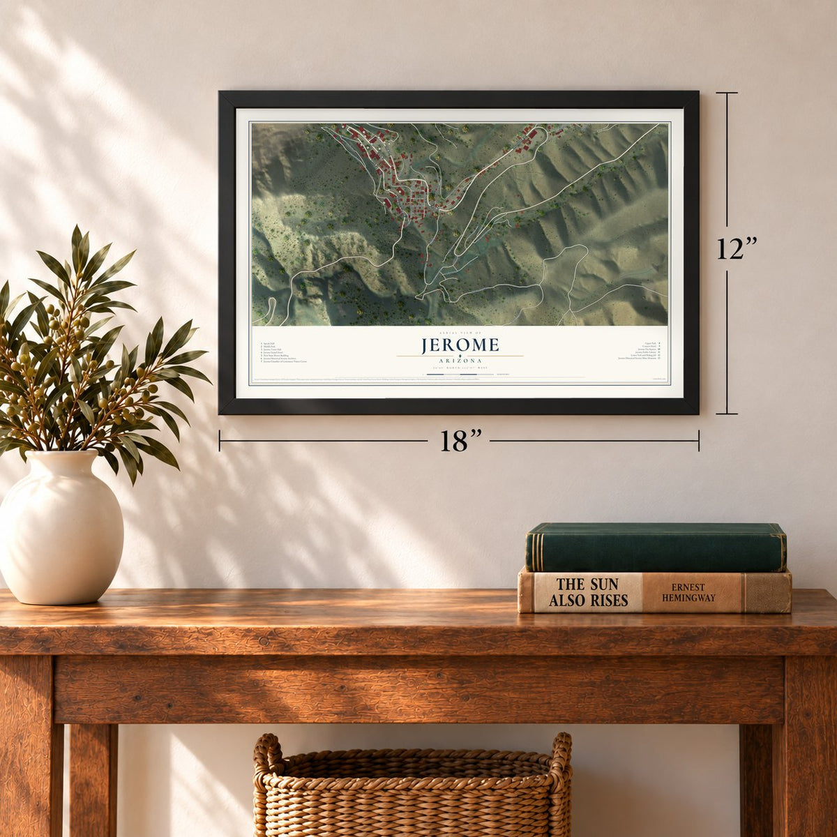 Jerome, Arizona map, 12 x 18 inch print in a black frame in an entryway