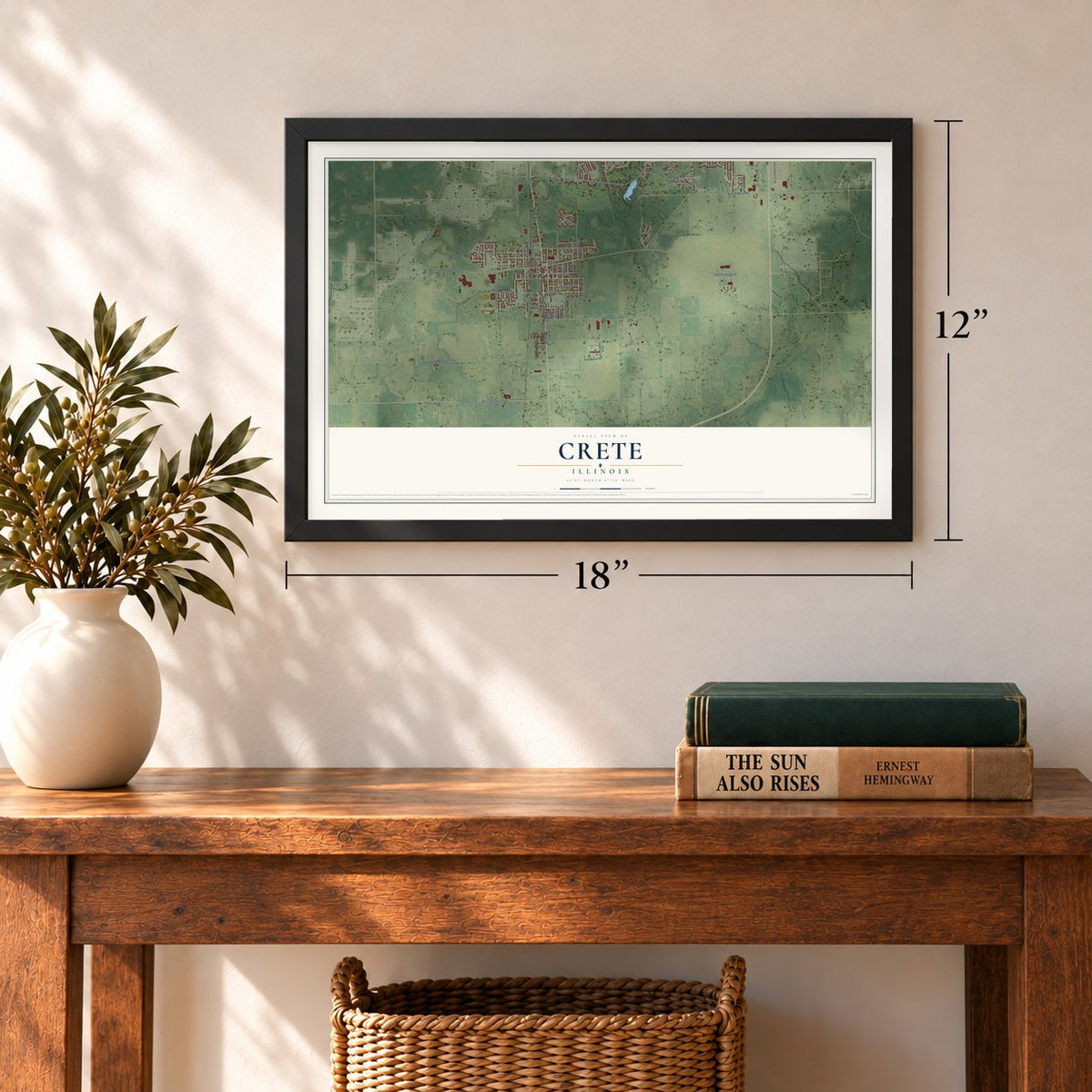 Crete, Illinois map, 12 x 18 inch print in a black frame in an entryway