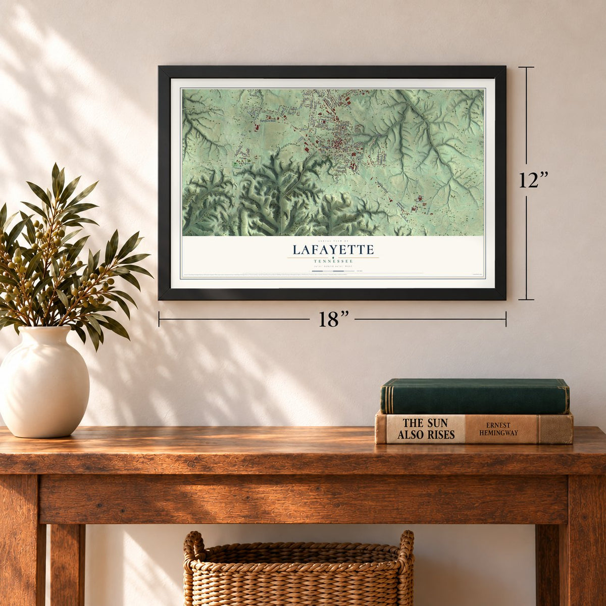 Lafayette, Tennessee map, 12 x 18 inch print in a black frame in an entryway
