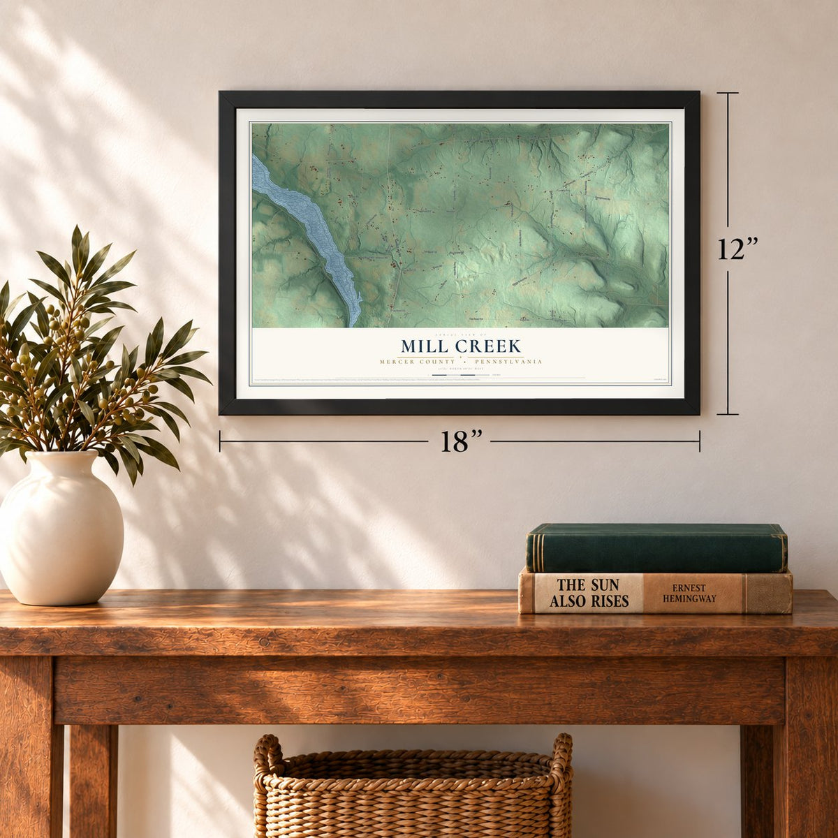 Mill Creek, Mercer County, Pennsylvania map, 12 x 18 inch print in a black frame in an entryway