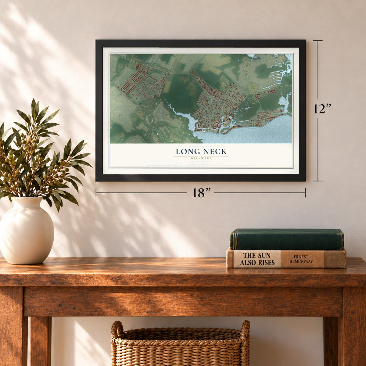 Long Neck, Delaware map, 12 x 18 inch print in a black frame in an entryway