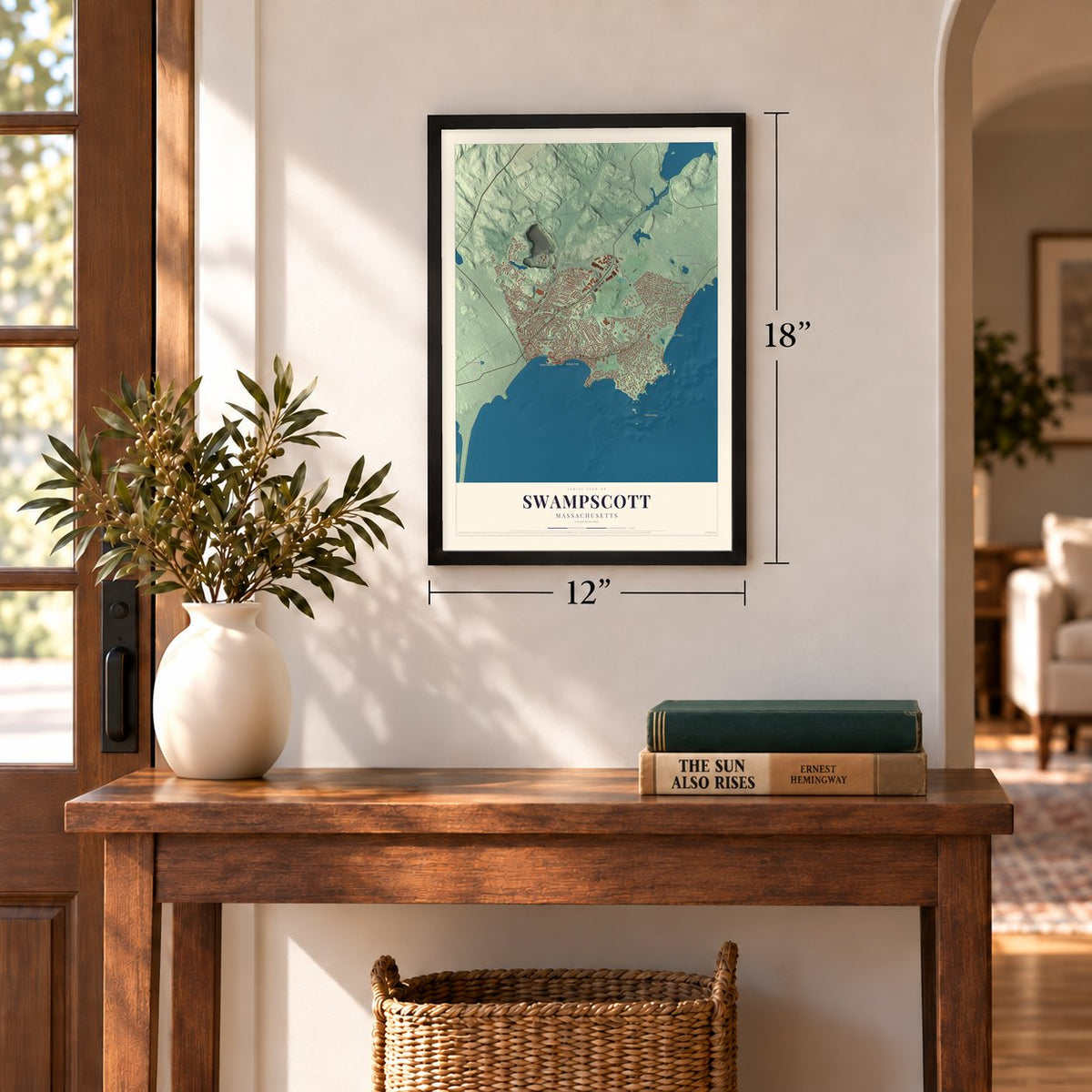 Swampscott, Massachusetts map, 12 x 18 inch print in a black frame in an entryway