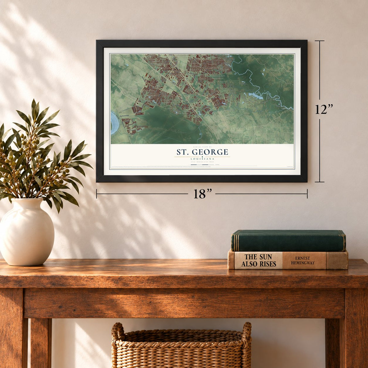 St. George, Louisiana map, 12 x 18 inch print in a black frame in an entryway