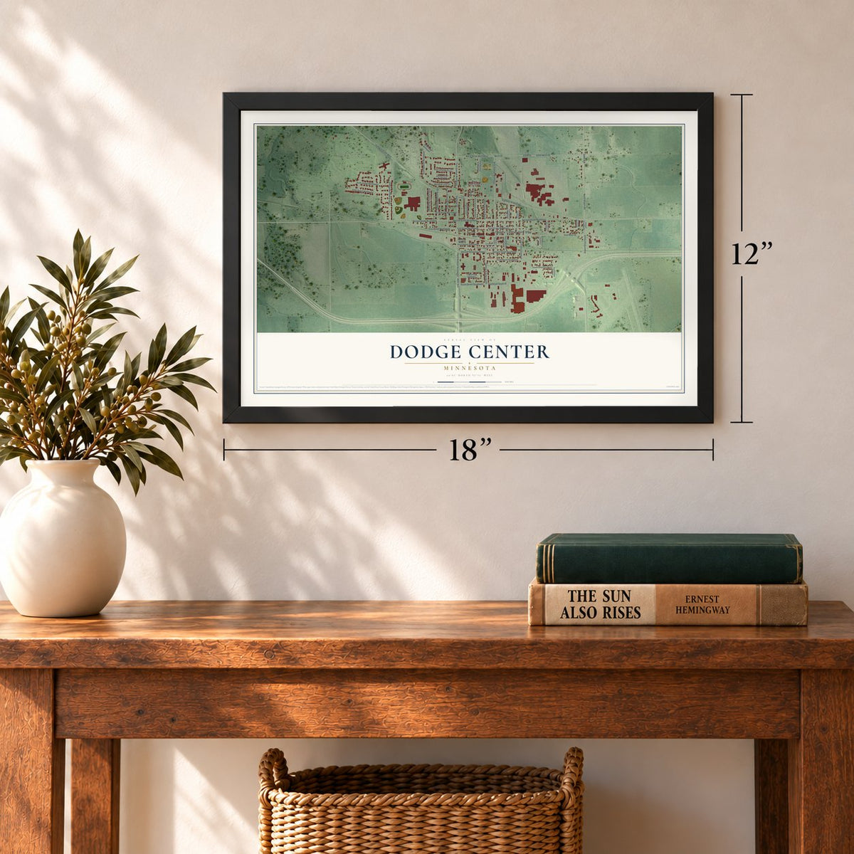 Dodge Center, Minnesota map, 12 x 18 inch print in a black frame in an entryway