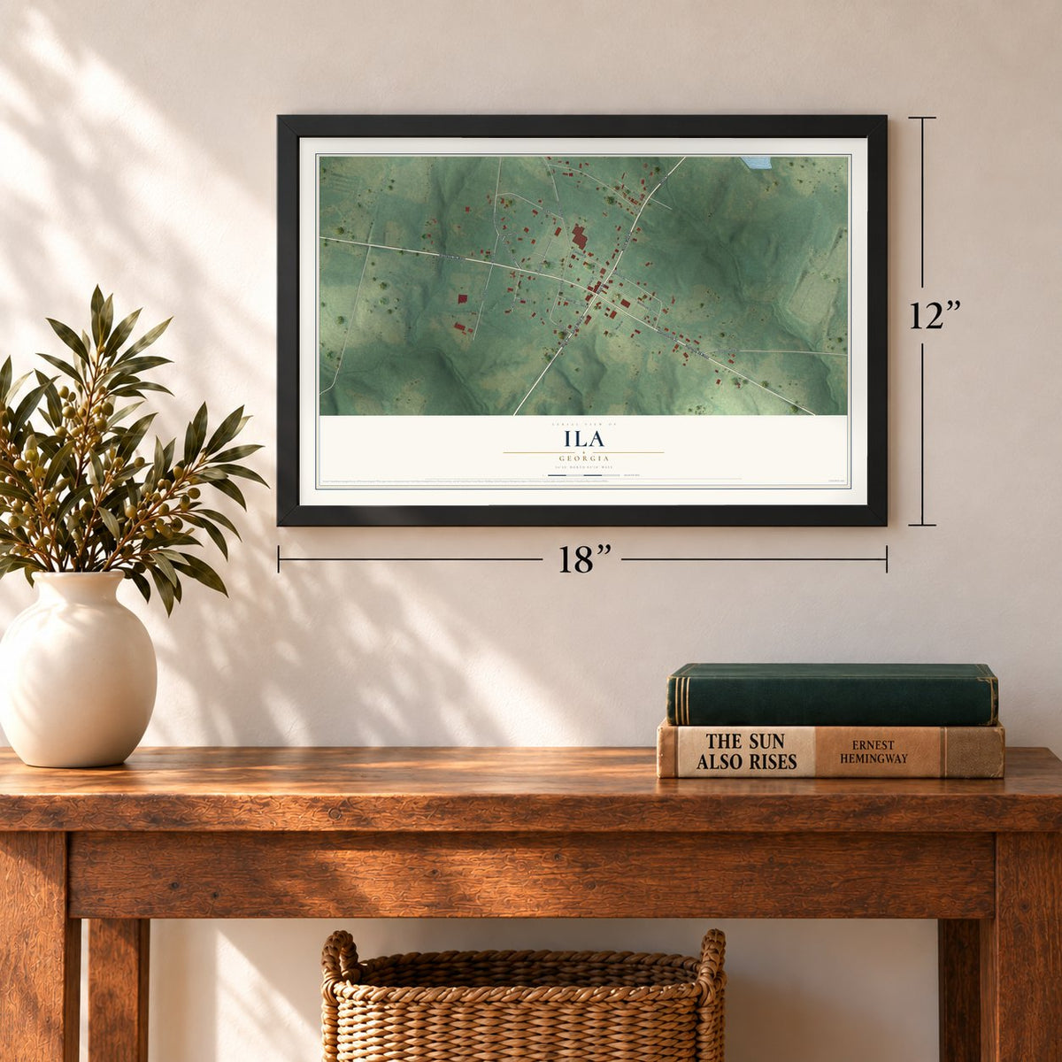 Ila, Georgia map, 12 x 18 inch print in a black frame in an entryway