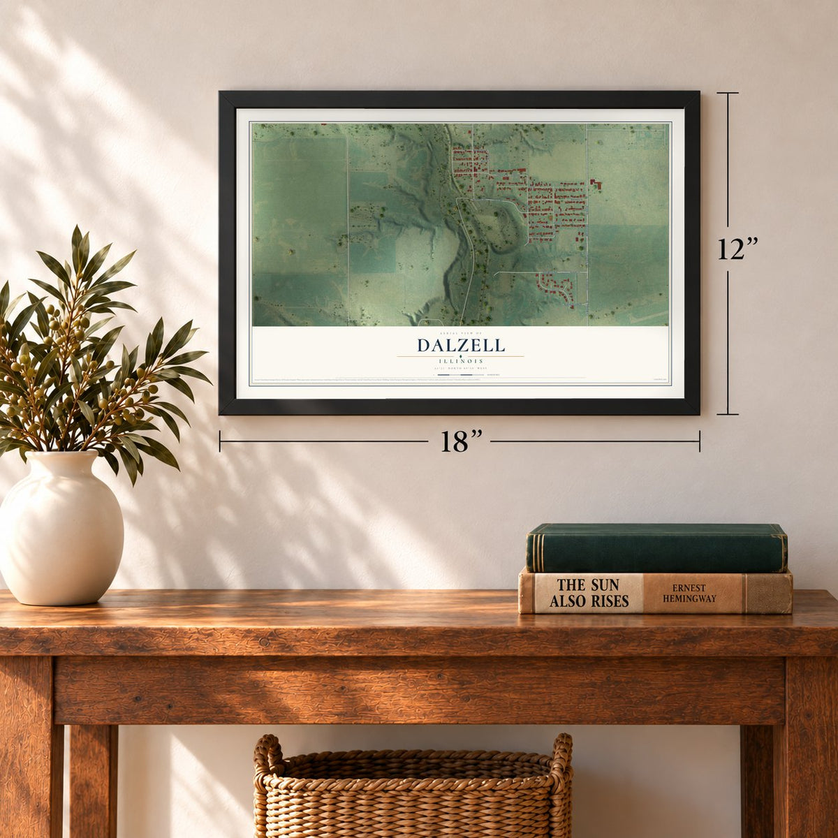 Dalzell, Illinois map, 12 x 18 inch print in a black frame in an entryway